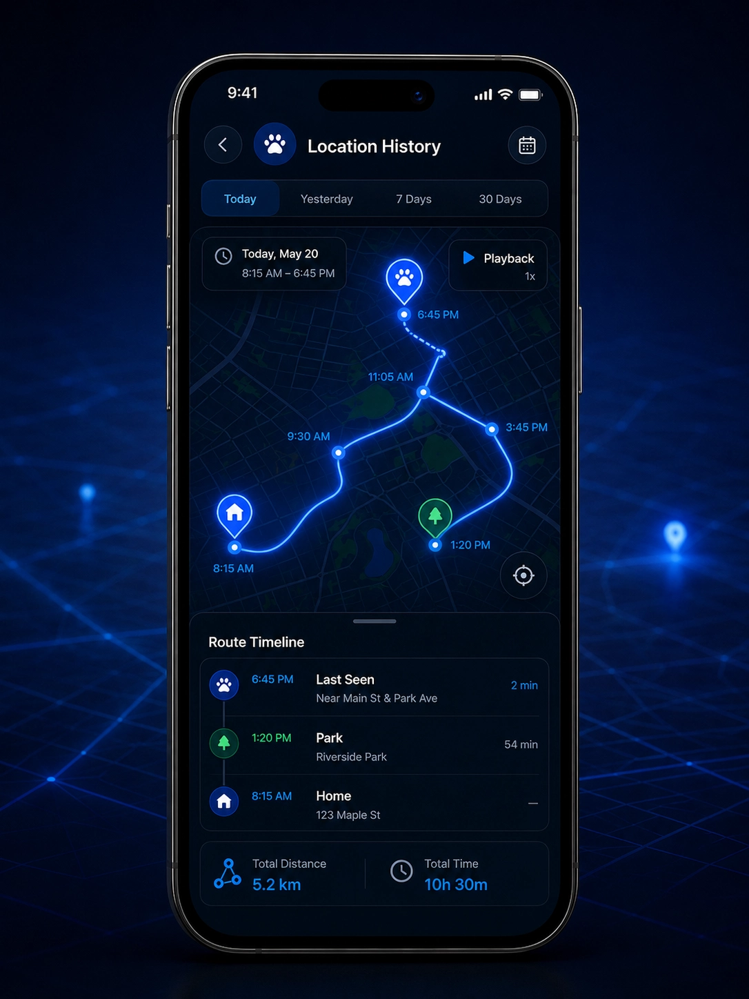 Location history interface screen